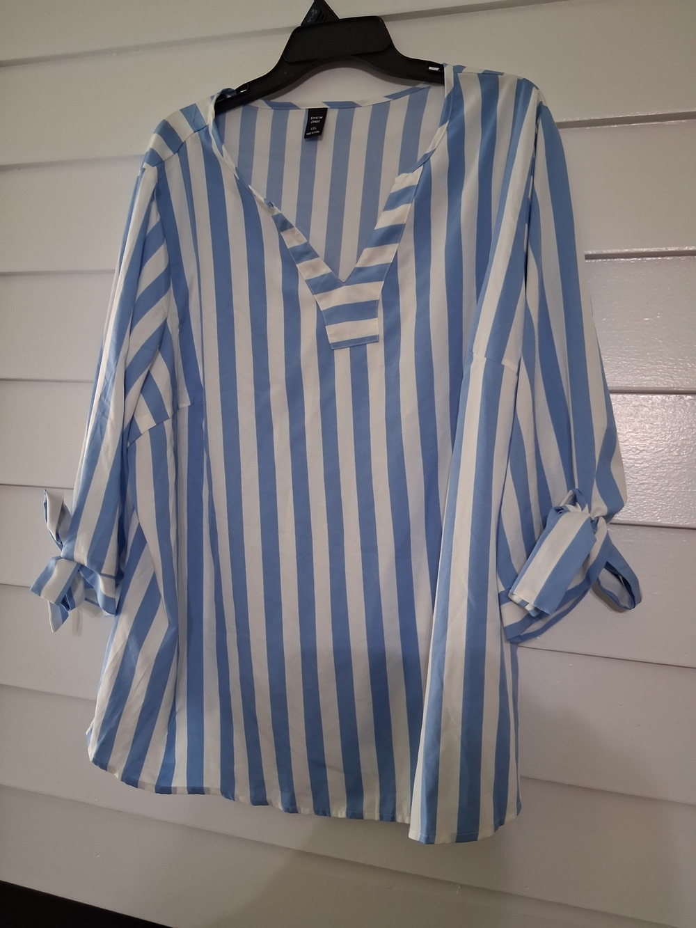 SHEIN Blue and White Striped V-Neck Roll-Tab Blouse